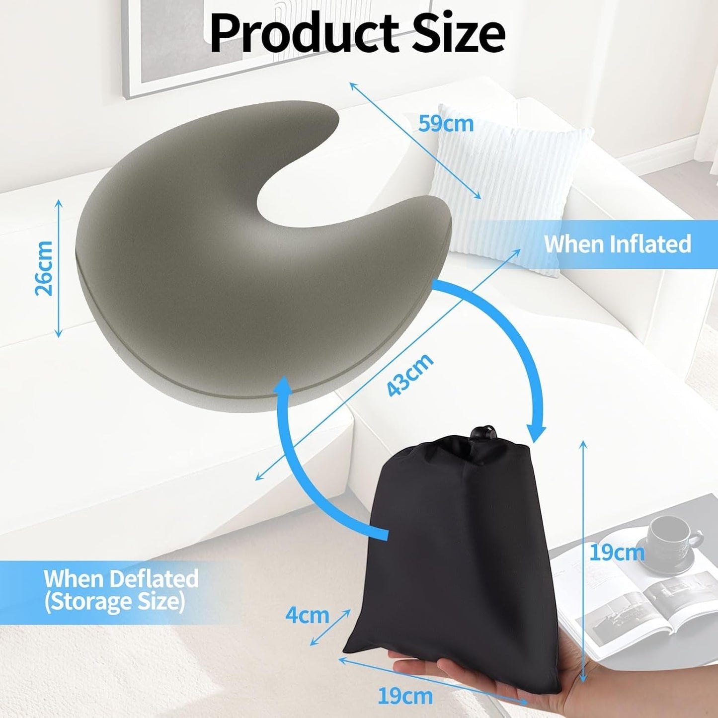 Læsepude og spillepude, bærbar oppustelig læsepude med opbevaringstaske, ergonomisk hæklepude til læsning, leg, hækling og arbejde