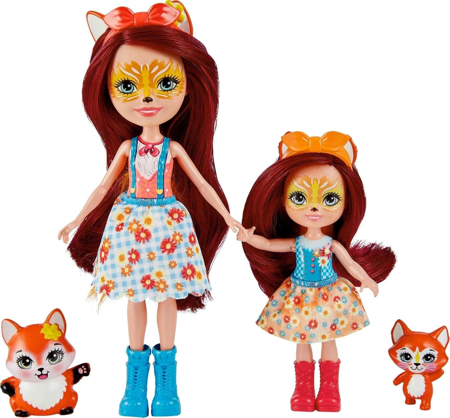 Enchantimals HCF81 - Felicity Fox og hendes lillesøster (ca. 15cm og ca. 10cm) og 2 dyrefigurer, aftagelig nederdel og tilbehør, fantastisk gave til børn fra 3 år og opefter
