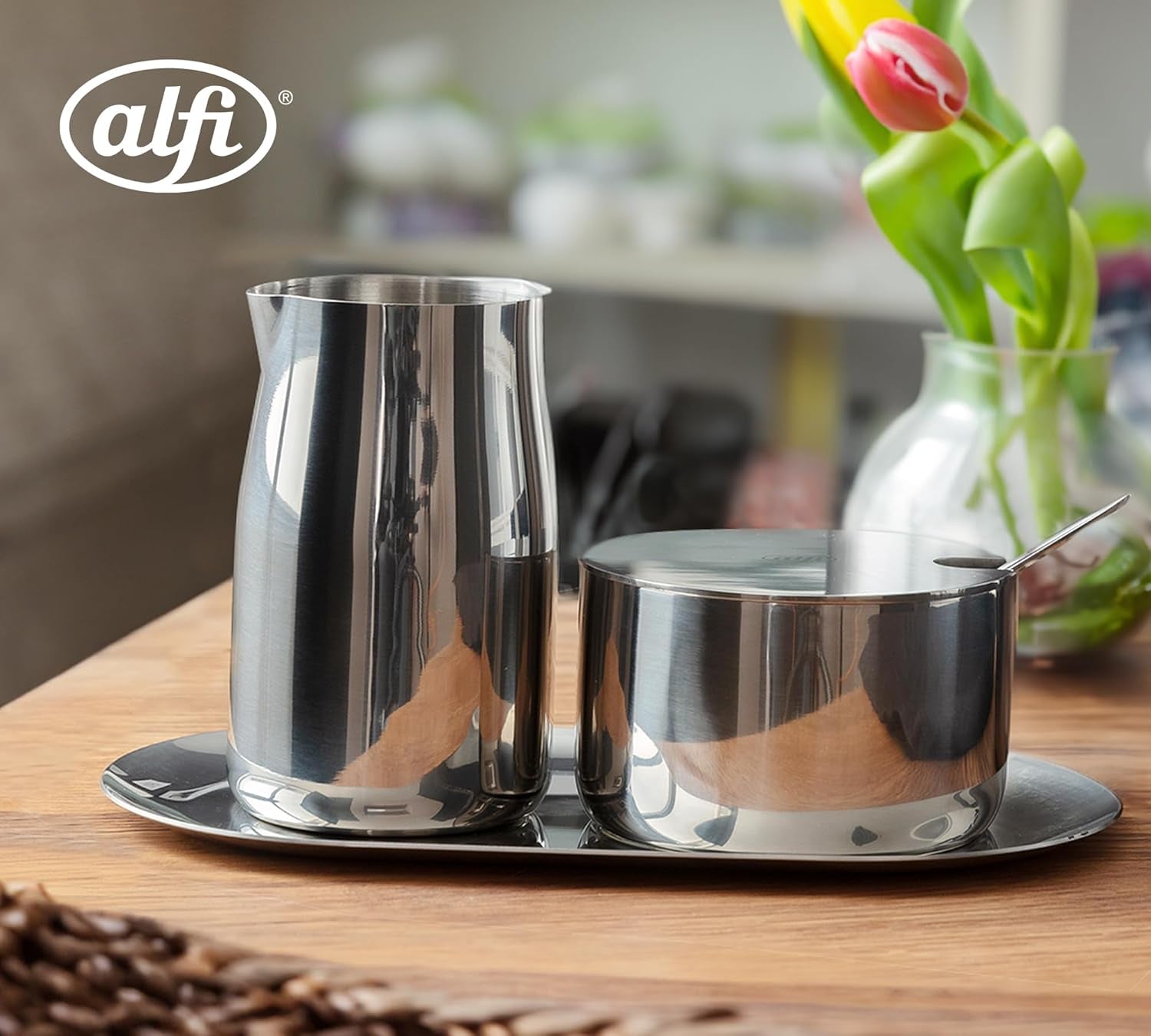 MÆLK OG SUKKER SÆT alfi højkvalitets poleret rustfrit stål mælke- og sukkersæt, elegant design, tåler opvaskemaskine, holdbart