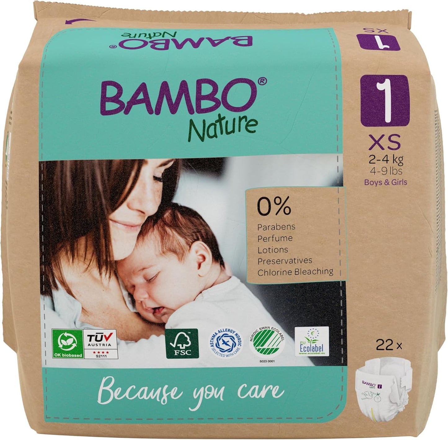 Bambo Nature Babybleer, Størrelse 1 (2-4 kg), 132 Count Månedsæske | Premium bleer med forbedret lækagebeskyttelse | Ultimativ komfort og frihed for nyfødte | Dermatologisk testede bleer