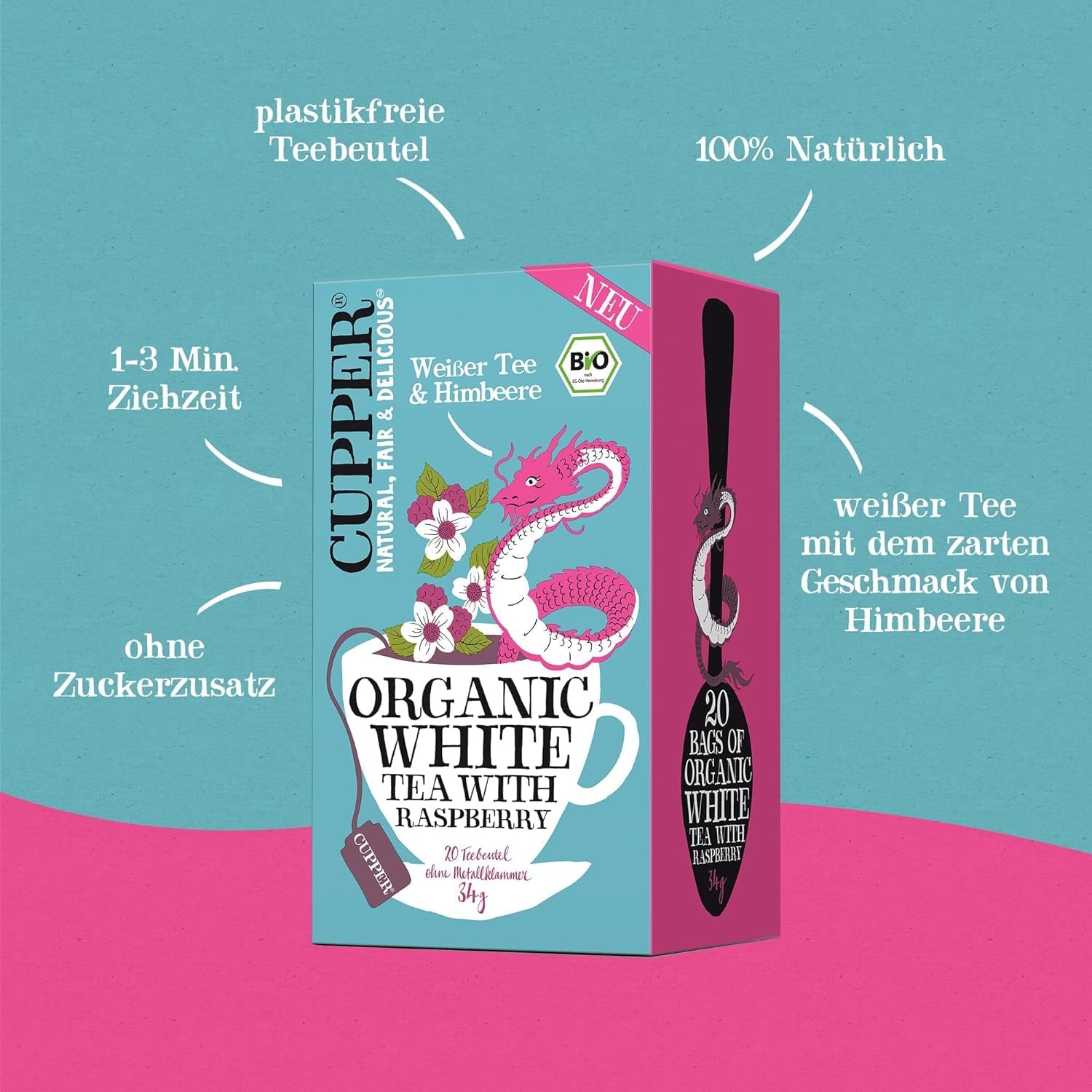 Cupper økologisk hvid te, hindbær, 20 poser, 34 g (pakke med 4)