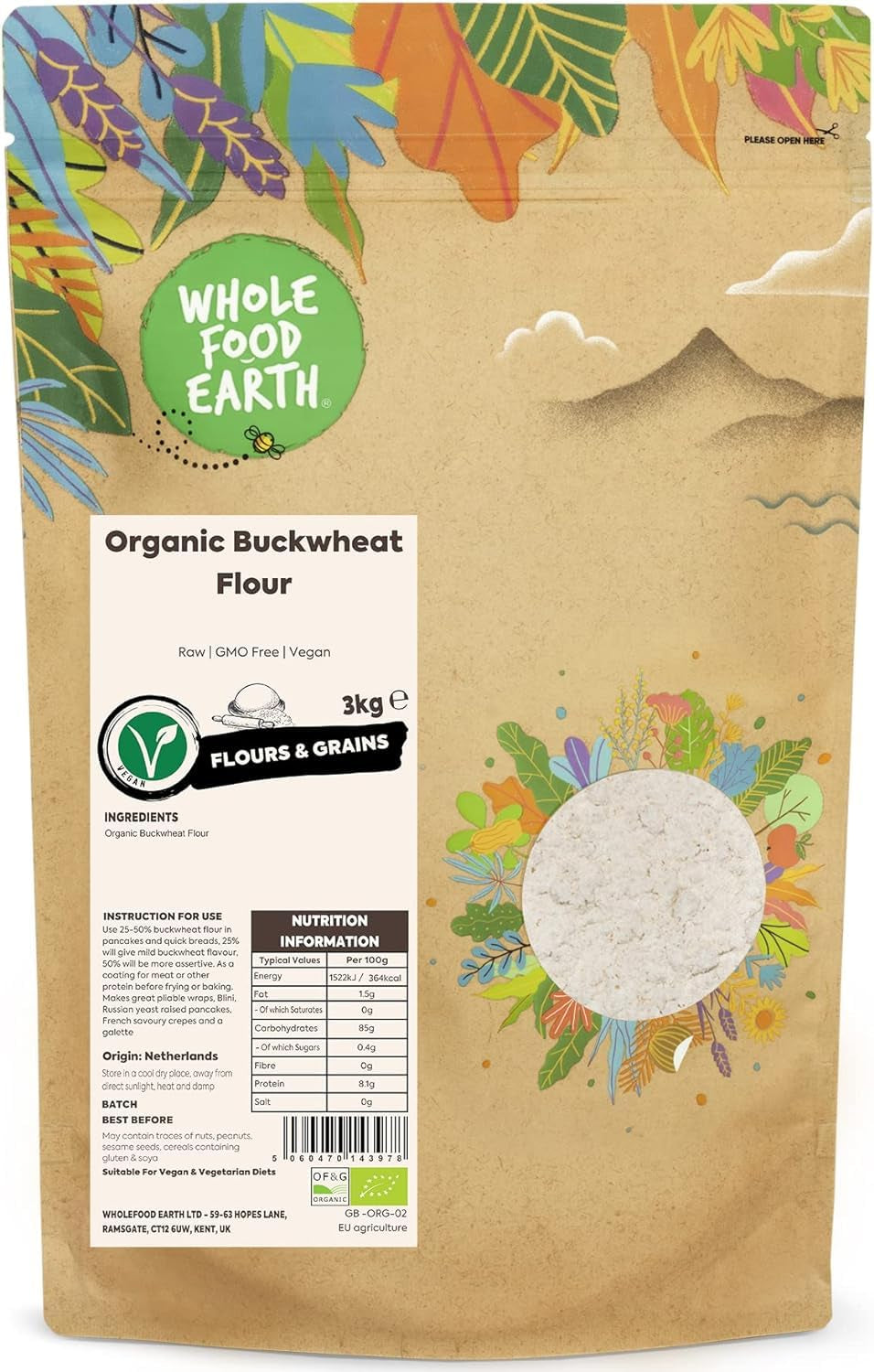 Wholefood Jord Økologisk Boghvedemel 1kg | Grusom | Ikke-GMO | Vegansk | Certificeret økologisk