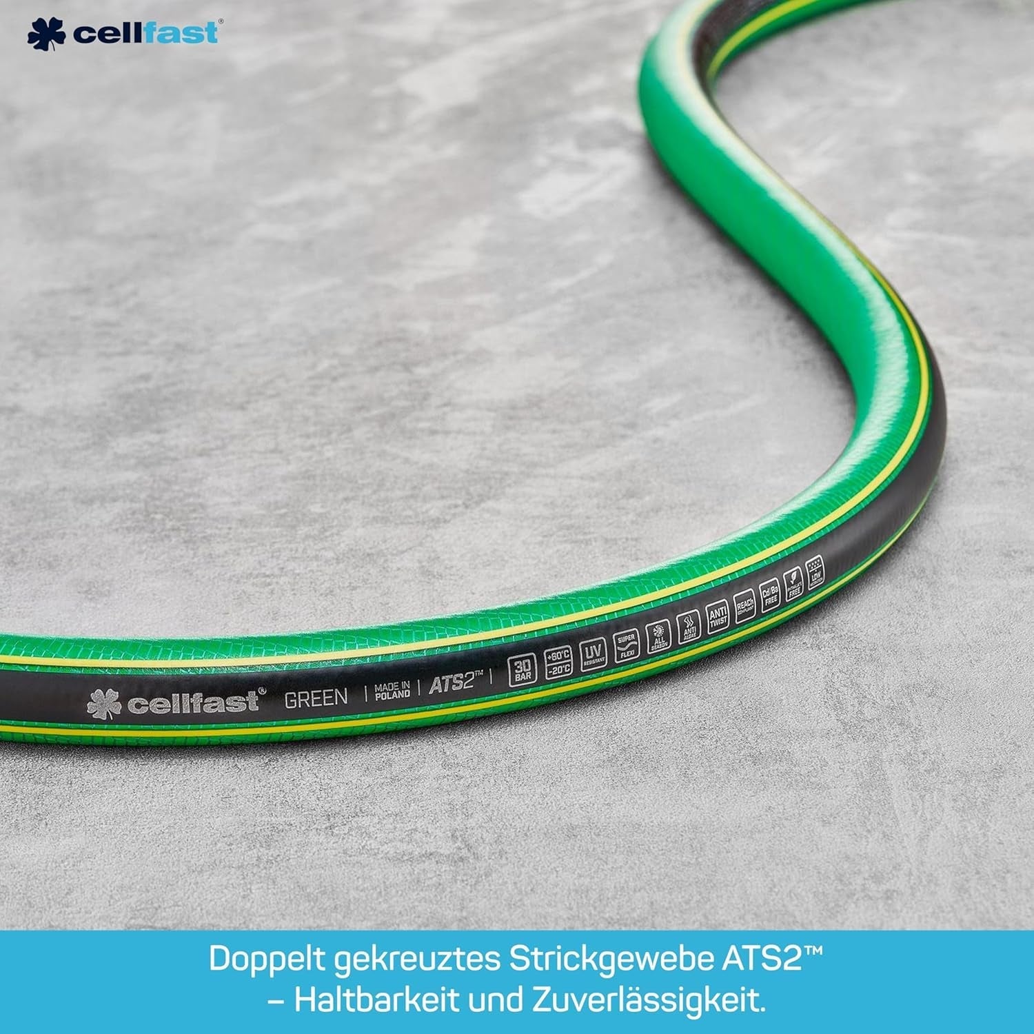 CELLFAST Haveslange 5-lags vandslange Dobbelt flettet grænseoverskridende vandingsslange UV-resistent Anti-Alge Fleksibel 30 Bar 3,4 Tommer 50 Meter Grøn