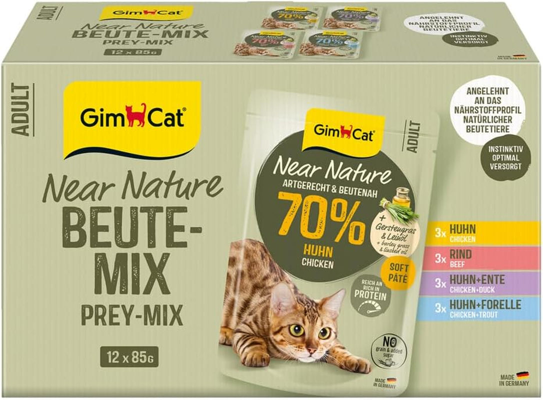 GimCat Near Nature Trial Mix 12 Pack - Vådkornsfrit foder til katte fra 7 måneder med en passende art og byttedyrsspecifik opskrift - 12 poser (12 x 85g)