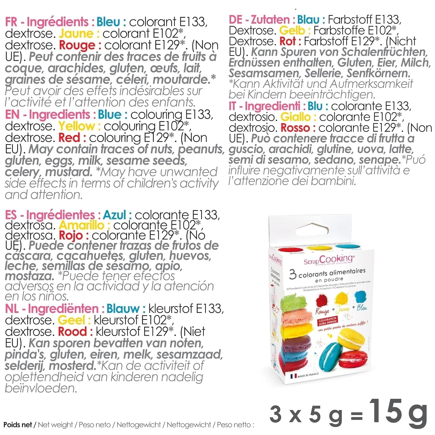 Scrapcooking - Sæt med 3 pulvermadfarve - Rød Gul Blå - Madfarve til bagning, kager, småkager, småkager, dej, fondant, regnbuekage - 4011