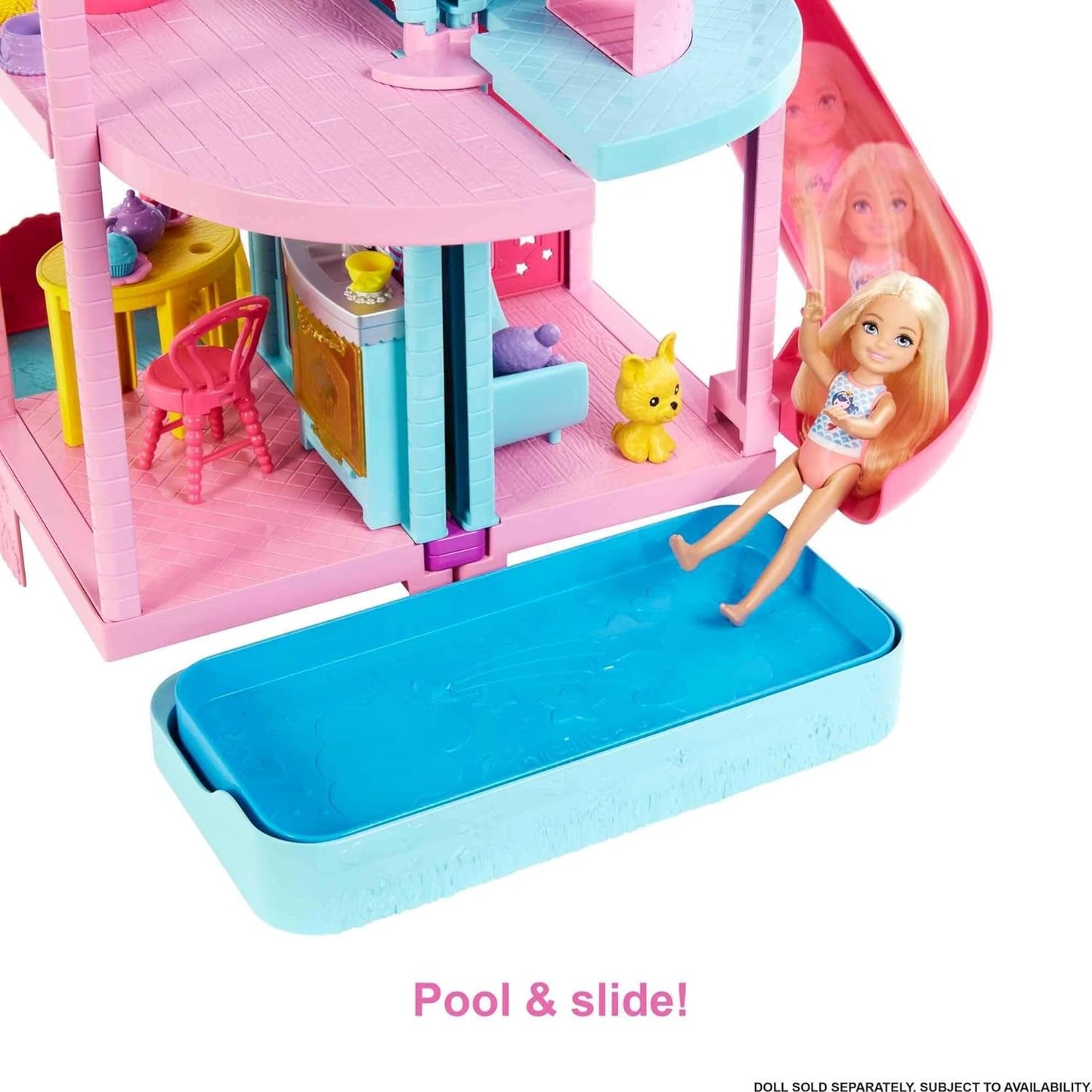 Barbie Chelsea Playhouse - 3 transformerende etager, hemmelige legeområder, elevator, pool, rutsjebane, 2 kæledyr og 20+ tilbehør, til 3+, HHX44