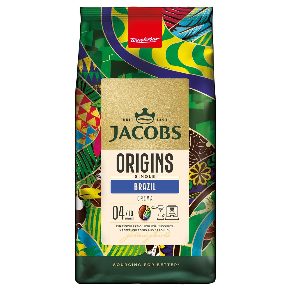Jacobs Kaffeebohnen Origins Brazil, mild-nutsiger Geschmack aus Brasilien, geröstet i Bremen, Intensität 4/10, Kaffee ganze Bohnen, 1 kg