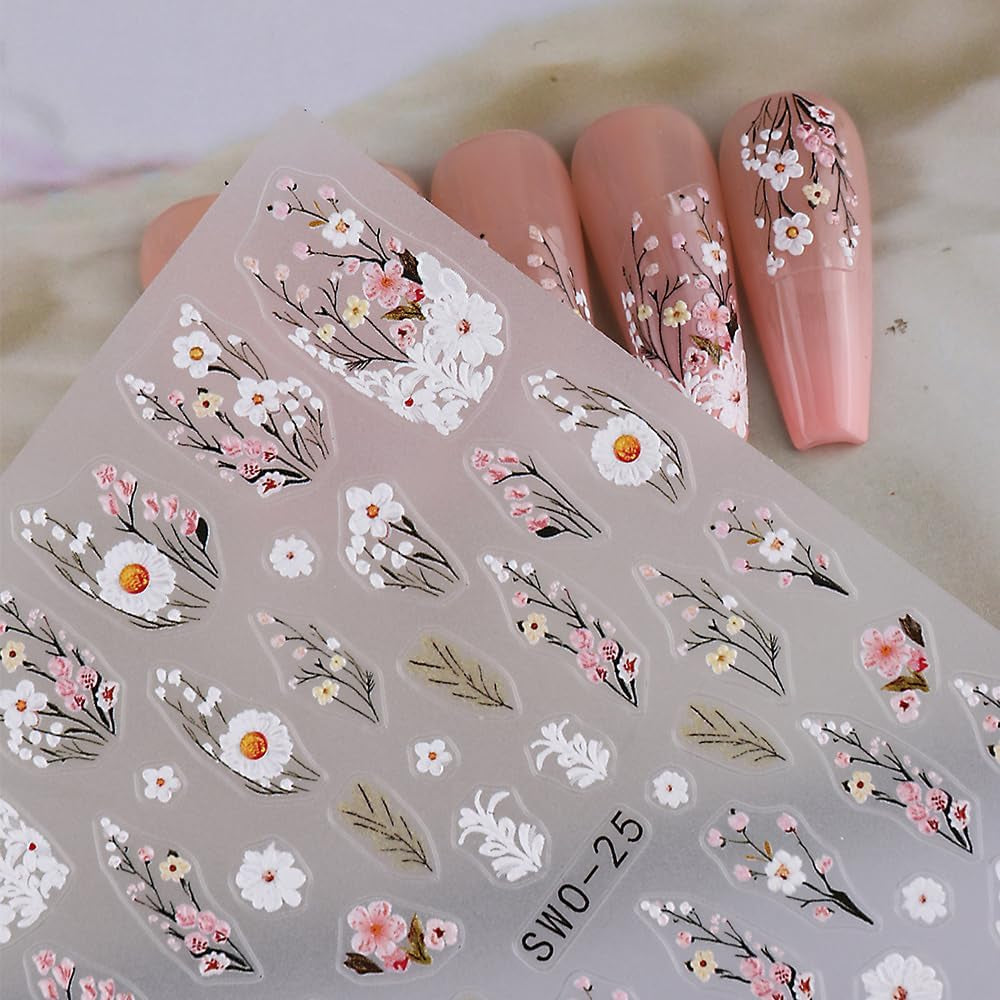 Plum Flower Nail Stickers, White Pink Flower Nail Stickers, Prægede Flower Nail Stickers, Spring Summer Flower Nail Stickers, Negle Designs, Negle Accessories, Nail Art