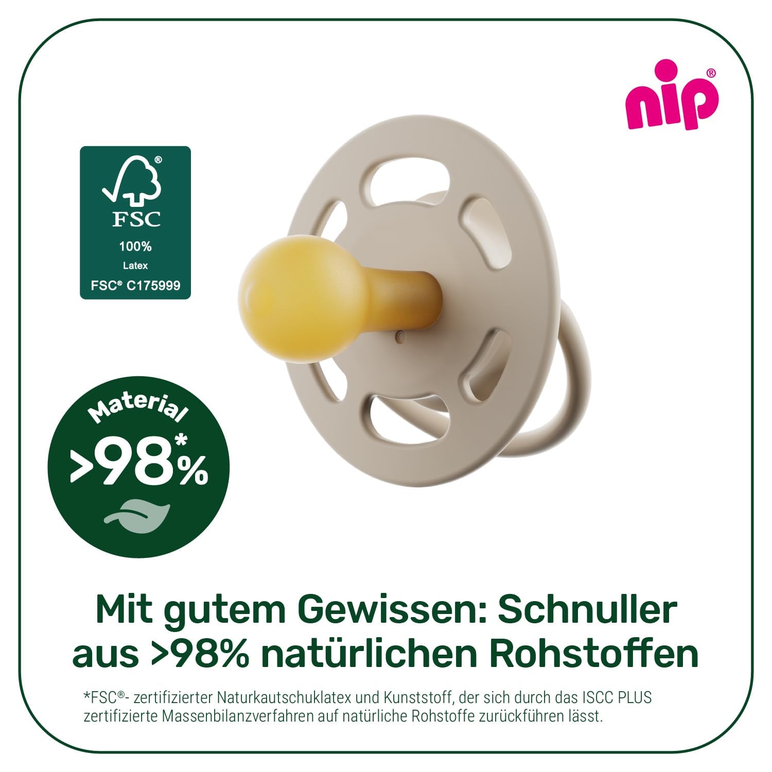nip - Cherry Green | 0-6 måneder | Pakke med 4 | Sut, velegnet til amning og tænder. Bæredygtig sut, lavet af naturlige råmaterialer, lysegrøn/brun