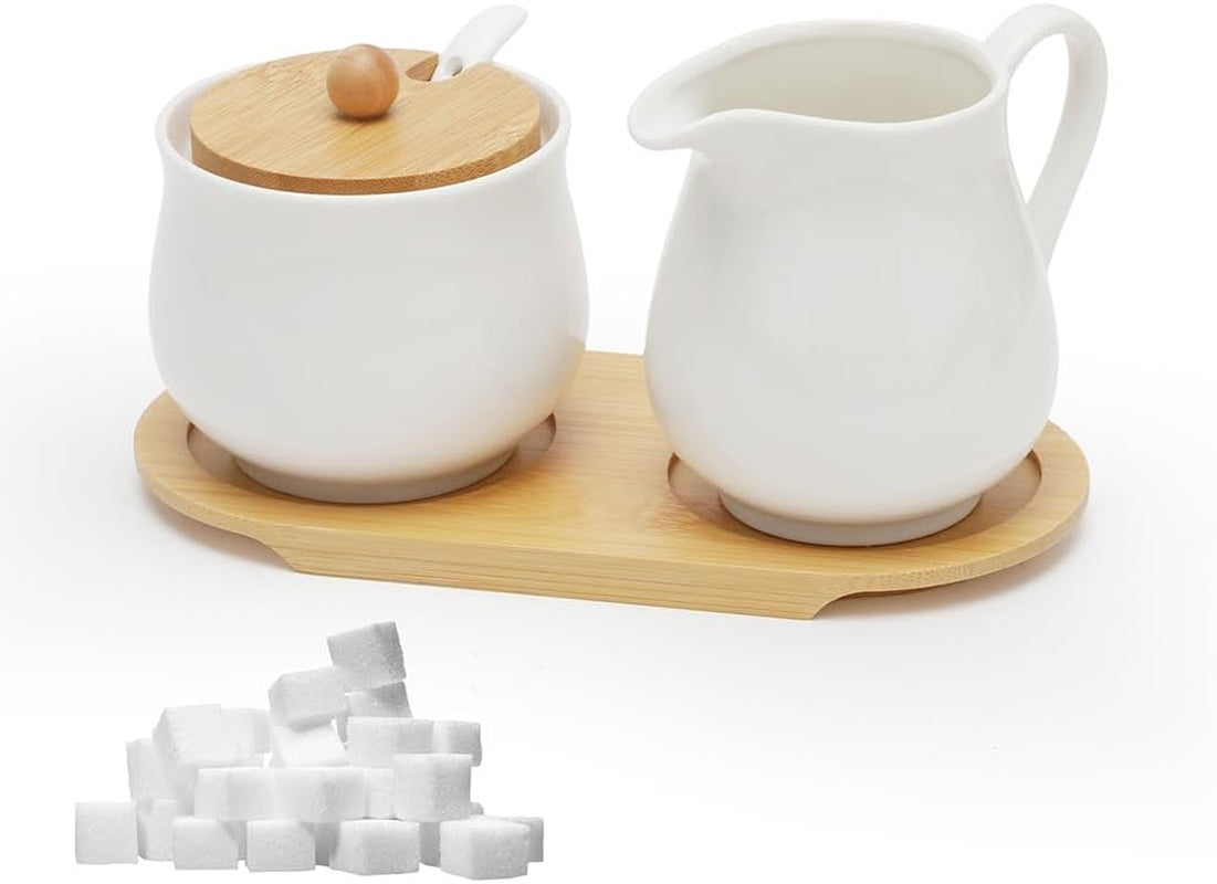 Mælke- og sukkersæt med låg og ske, 5-delt keramisk mælkekande og sukkerbeholder med trætablet, mælke- og sukkerbeholder til køkken, kaffe, mikroovn og opvaskemaskine (hvid)