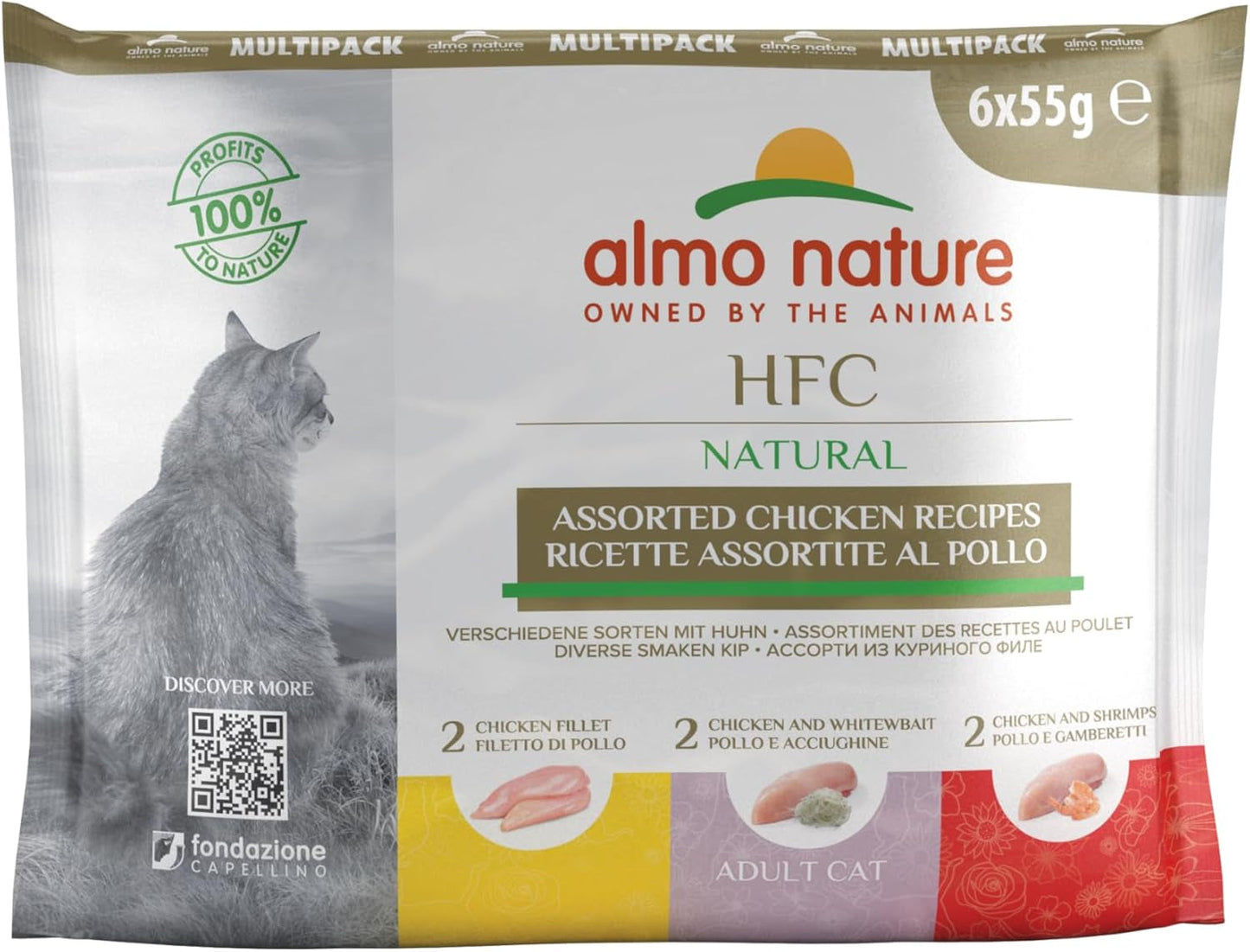almo nature HFC Natural - Vådfoder til katte - med kylling - Menneskelig kvalitet, Glutenfri, Monoprotein - 55g, pakke med 6