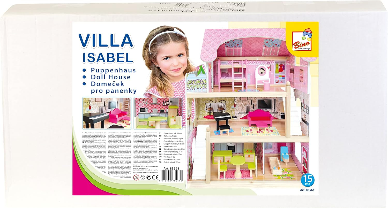 Bino World of Toys Dukkehus med altan, Legetøj til småbørn fra 3 år, med 3 etager, trapper, 4 værelser og altan inkl. 15-TLG. Tilbehør, For at fremme børns færdigheder, Pink design Naty Shop dukkehuse
