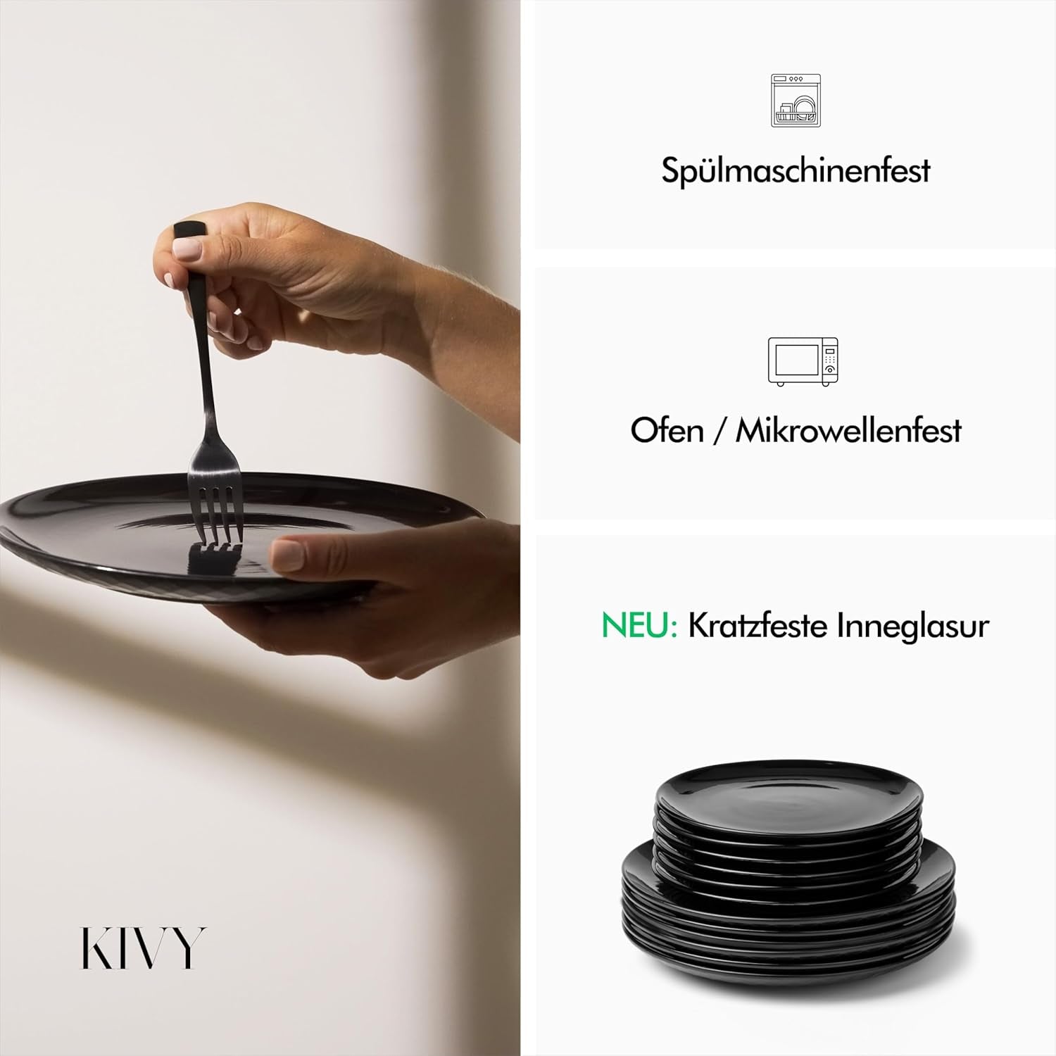 KIVY Geschirrset 6 Personen[Kratz & Spülmaschinenfest] 6x27cm + 6x22cm - Tellersæt 12-teilig moderne - Geschirr Sæt - Kombiservice - Geschirrset - Tellersæt Schwarz - Teller Schwarz Matt