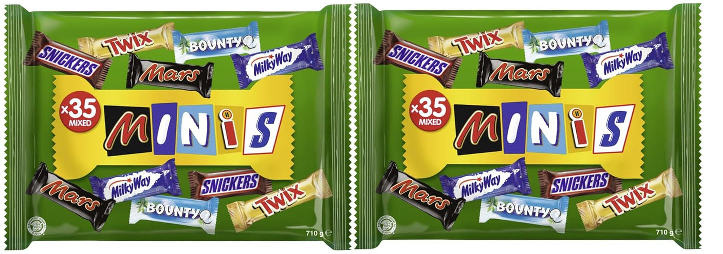 Miniblandet chokoladepakke, chokolade, 35 minichokoladesnacks (Mars, Snickers, Bounty, Twix, Mælkevejen) som slik, chokoladegave, slikæske (710 g)