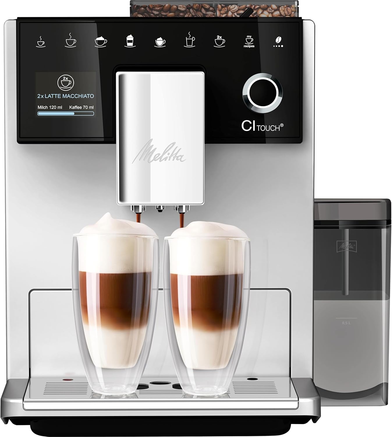 Melitta CI Touch - Fuldautomatisk espressomaskine med mælkesystem, espressomaskine med integreret kaffekværn og mælkeskummer, f.eks. til espresso eller cappuccino, sølv