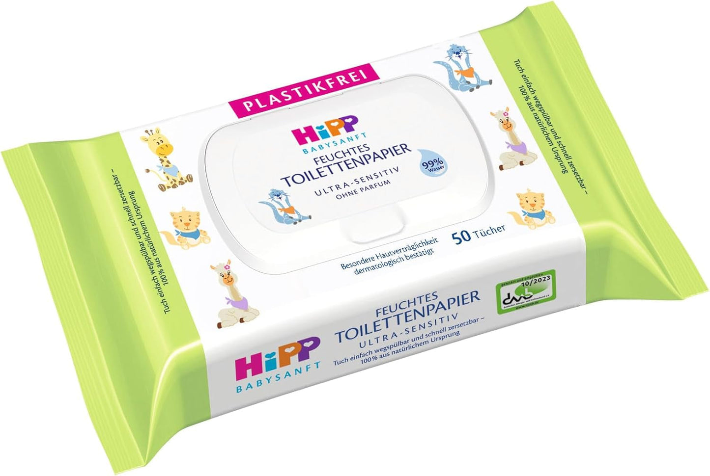 HiPP Baby blødt vådt toiletpapir (6 x 50 ark), 99 % vand, ultrafølsomt, uparfumeret, med hængslet låg