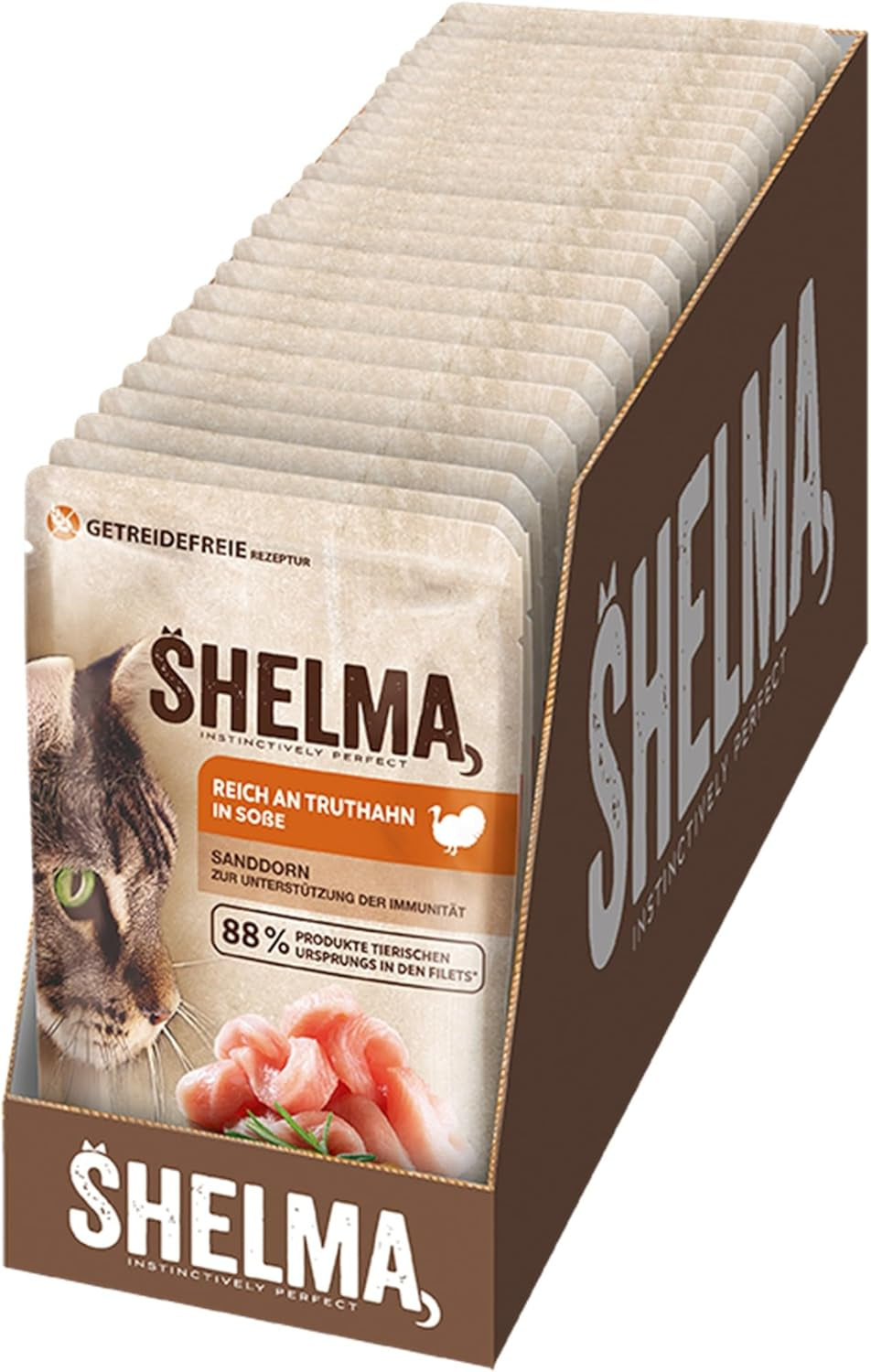 Shelma våd kattefoder med kalkun i tomat- og urtesauce - komplet kornfrit foder med højt kødindhold - 28 x 85 g (2,38 kg)
