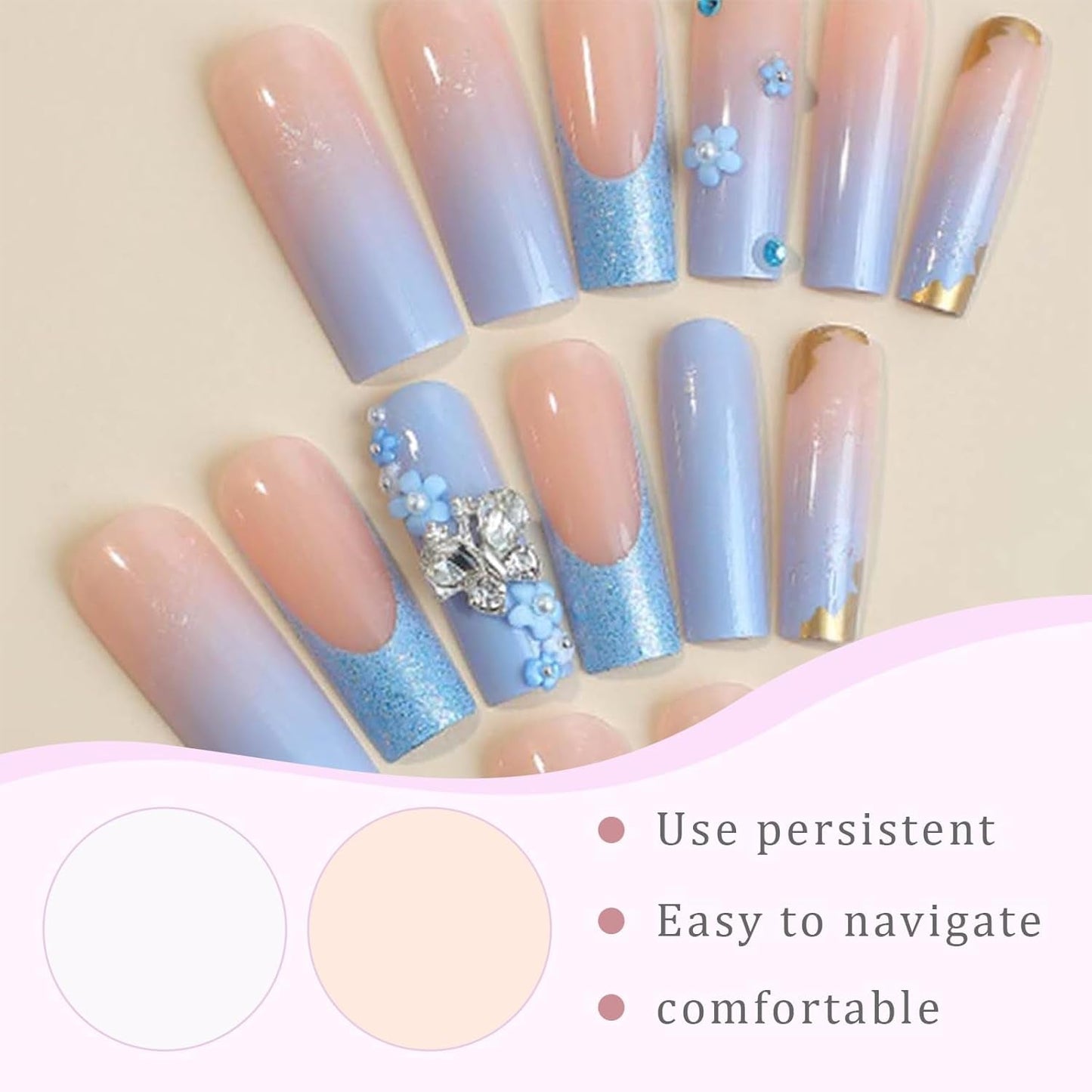 24 stk sommerfugl blå kunstige negle Firkantet tryk på fransk lang glitter glitrende rhinsten falske neglespidser