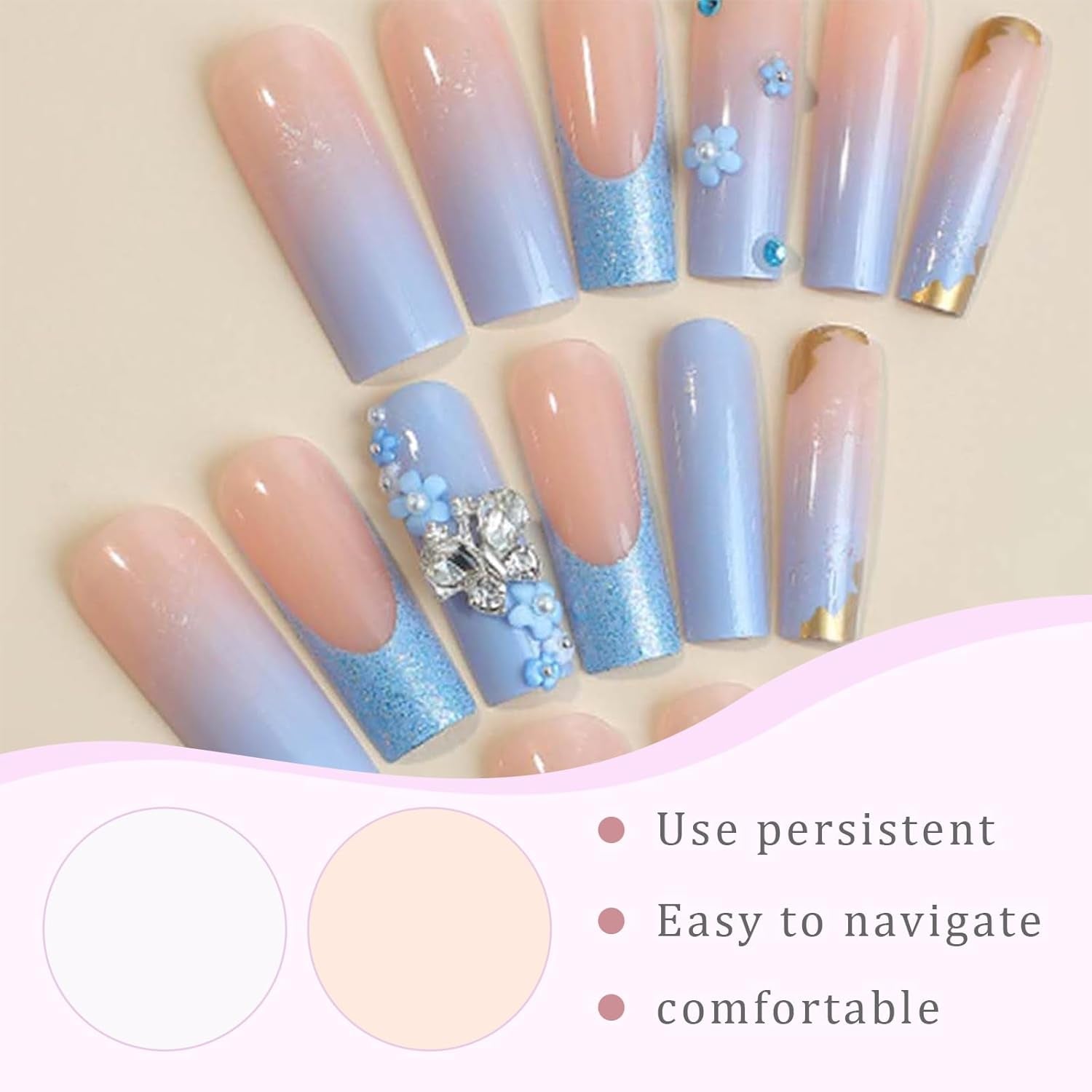 24 stk sommerfugl blå kunstige negle Firkantet tryk på fransk lang glitter glitrende rhinsten falske neglespidser