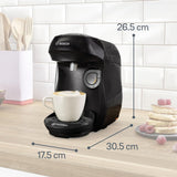 Bosch Tassimo Happy Friendly TAS102E Kapsel Espressomaskine, 70+ drikkevarer, Velegnet til alle kopper, Auto-Stop, Bæredygtig, Perfekt Dosering, Pladsbesparende, 1400W, Sort