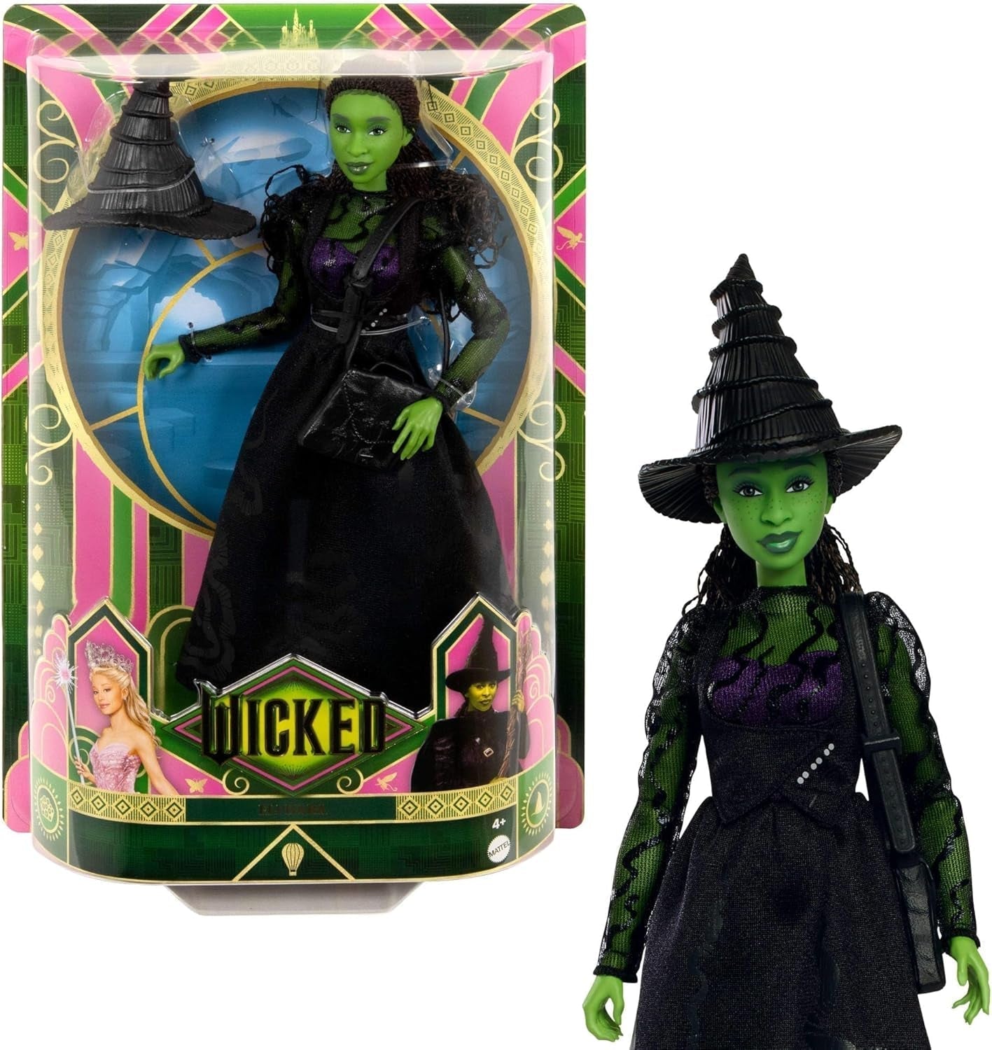 Mattel Wicked Elphaba modedukke og tilbehør med grøn hud, sort flettet hår, forskellige mulige positurer og udvidelig boldkjole, HXT62, [Multicolor] Naty Shop Dolls Standardtitel