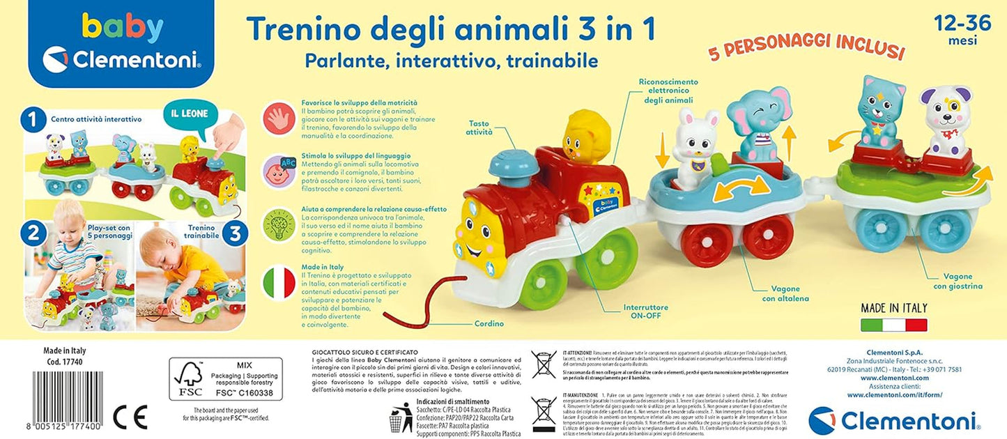 Clementoni Animali-3 Talking Interactive Udvidbart elektrisk toglegetøj til 1 år gammel baby (italiensk version) Fremstillet i Italien Multicolor 17740 Jucarii Bebe Naty Shop