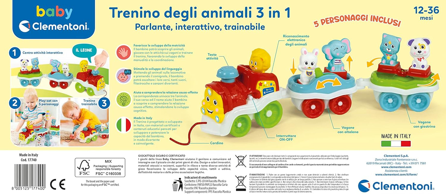 Clementoni Animali-3 Talking Interactive Udvidbart elektrisk toglegetøj til 1 år gammel baby (italiensk version) Fremstillet i Italien Multicolor 17740 Jucarii Bebe Naty Shop