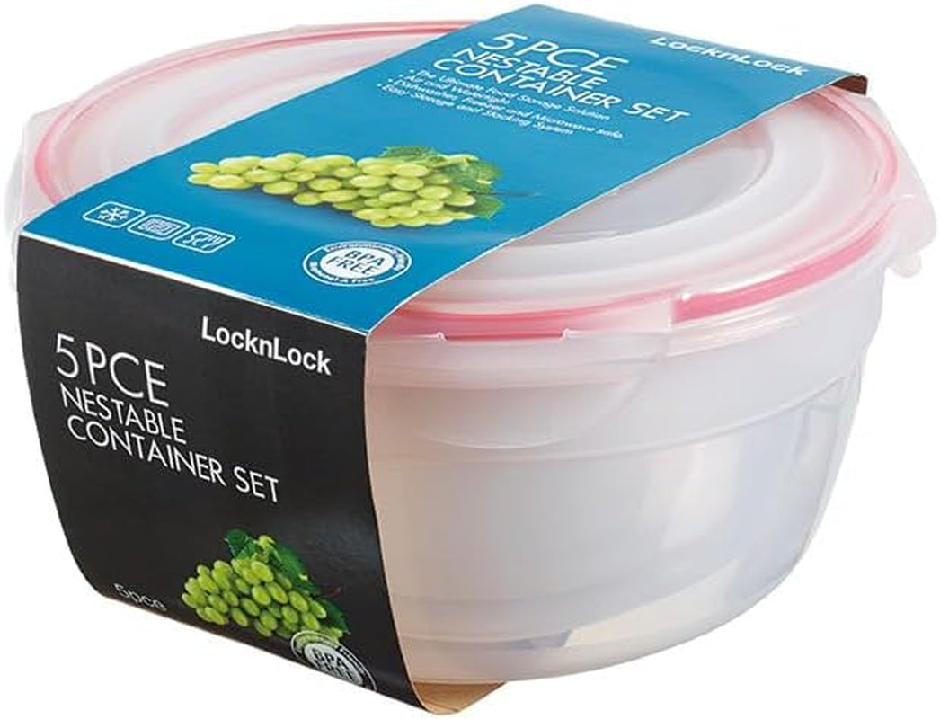 LocknLock PP Klassisk madopbevaringskrukkesæt 5 stk | 180ml, 350ml, 600ml, 870ml, 3,6L | 100% luft- og vandtæt | uden BPA | fryser og køleskabsarrangør | Tåler opvaskemaskine og mikroovn Madkasser Naty Shop Round 5 stk. (flerfarvet)