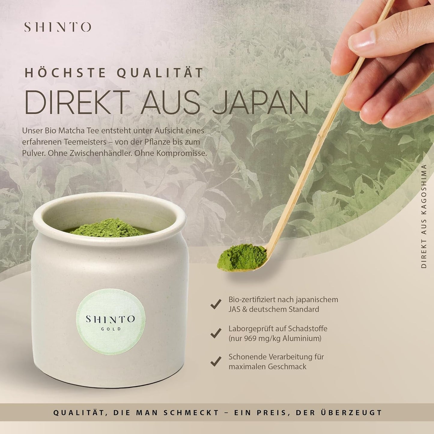 Shinto - "Gold" Organic Matcha Tea - Ceremoniel Grade Green Tea Pulver - JAS & EU BIO Certified - Shaded & Handplukket - Direkte import fra Uji, Japan - 30g