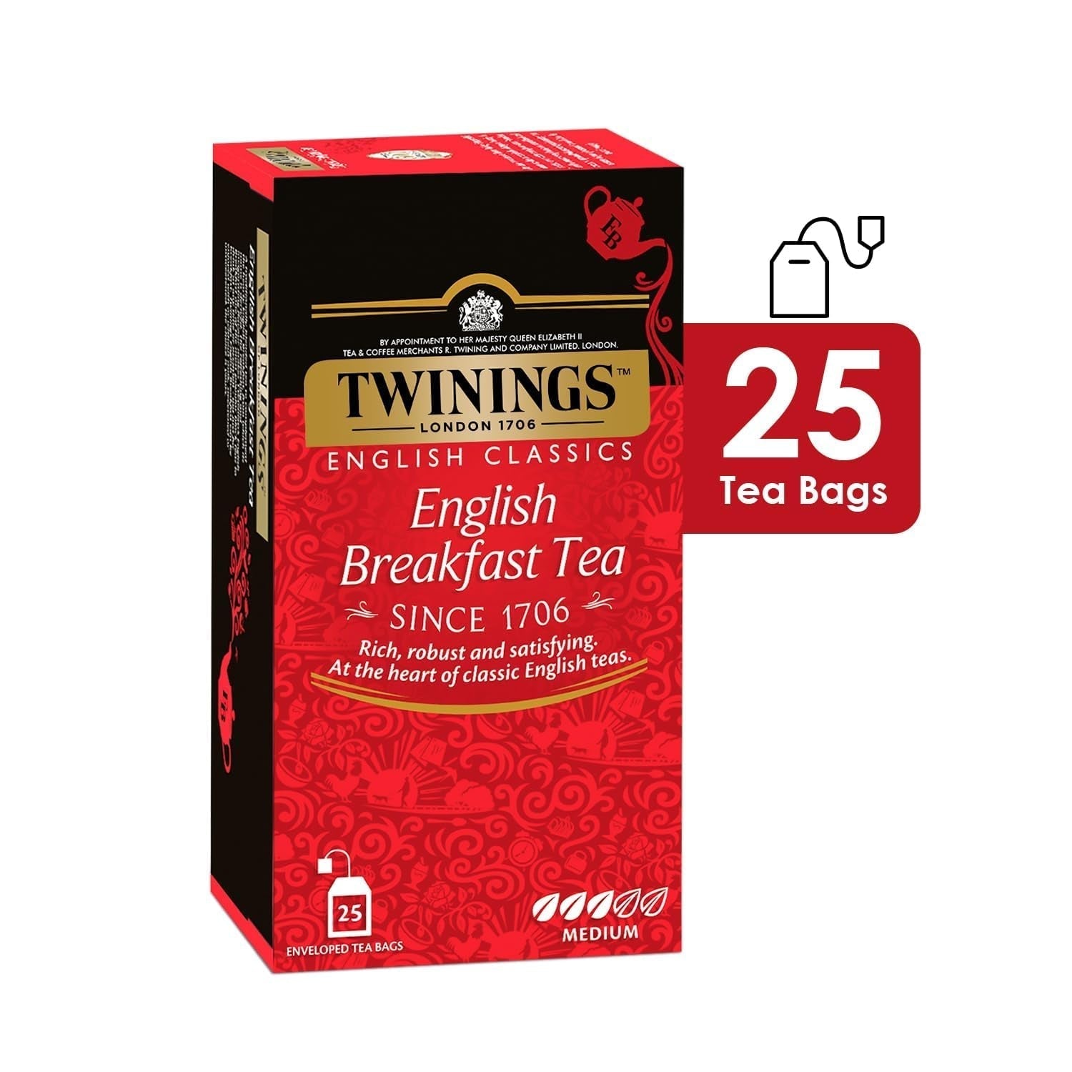 Twinings English Breakfast Black Tea 50g, 25 teposer, fyldig, rund og stærk sort te fra de bedste teplantager i Sri Lanka og Indien. Sort te Pakke med 1 (1 x 50 g)