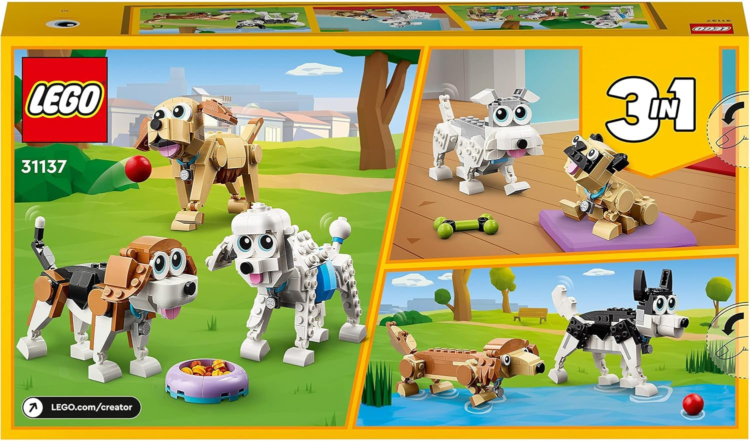 LEGO 31137 Creator 3-i-1 sødt hundesæt med dyrefigurer Gravhund, mops, puddel og mere, Legetøj til børn på 7+, gave til hundeelskere Byggesæt Besuche den LEGO-Store