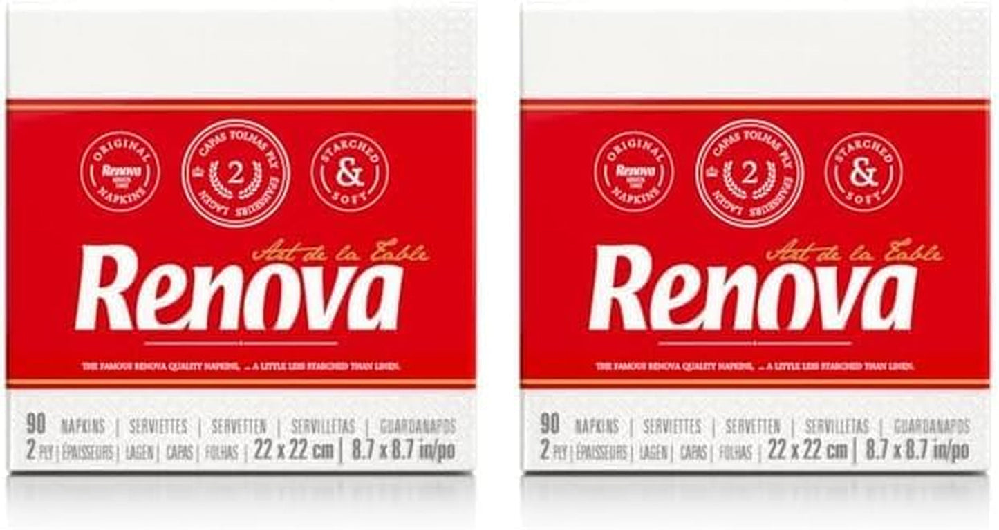 Renova papirservietter, hvid bordcocktailstil - 90 servietter (pakke med 2)