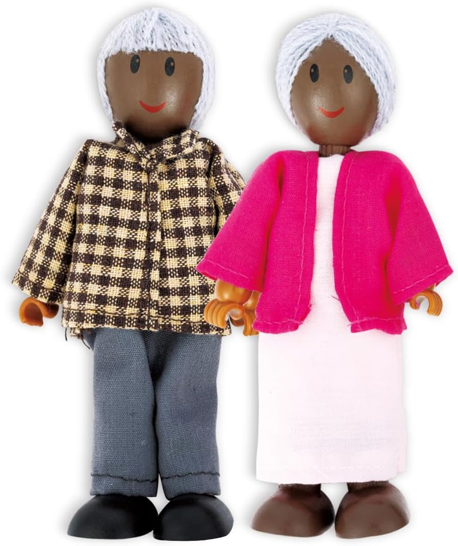 Hape dukkefamilie - 6-delt mørkt læder dukkehustilbehør sæt med figurer af træ og stof, foregive leg, pædagogisk legetøj, interaktivt lærelegetøj til børn fra 3 år og opefter