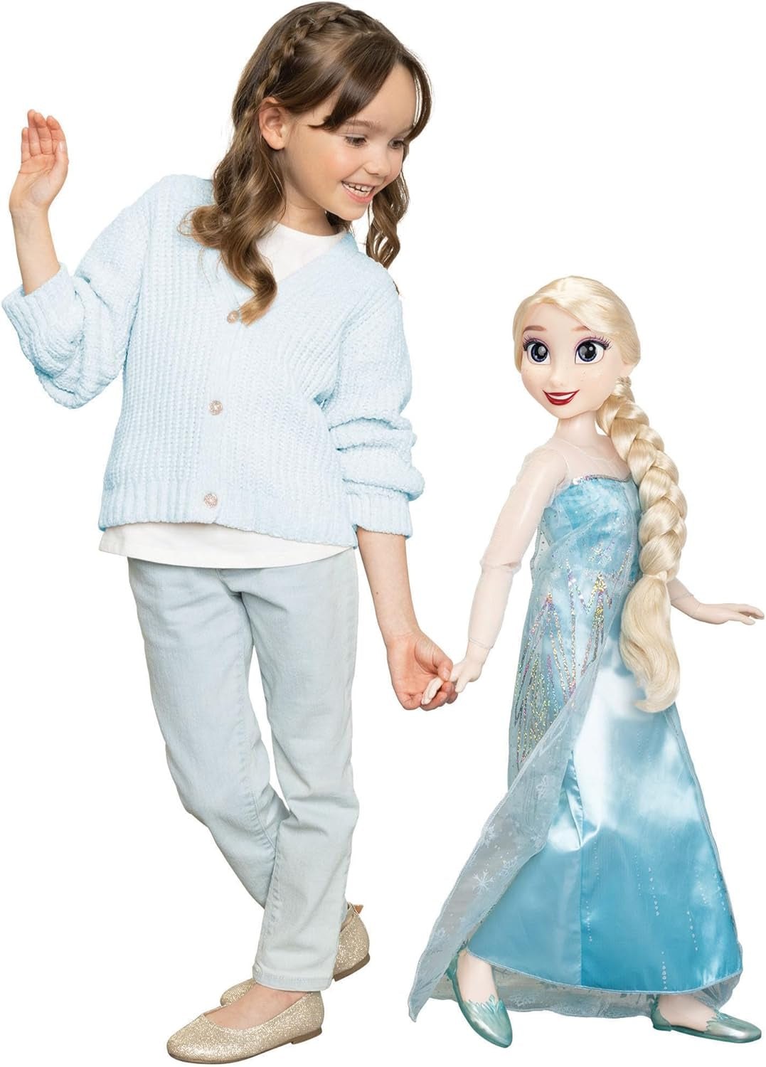 Disney Frozen Playdate Elsa Giant Doll 80 cm fra Jakks Pacific Fuldt leddelt dukke med 11 artikulationspunkter Inkluderer hårbørste og tilbehør