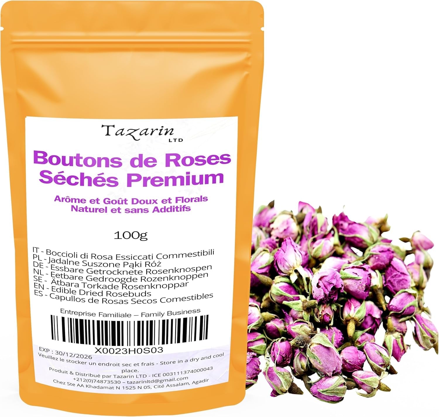 100g premium spiselige rosenknopper - tørret Atlas rosenbladsinfusion - sød og blomstret smag og aroma - 100% naturlig, ren og uden tilsætningsstoffer | Tazarin Ltd