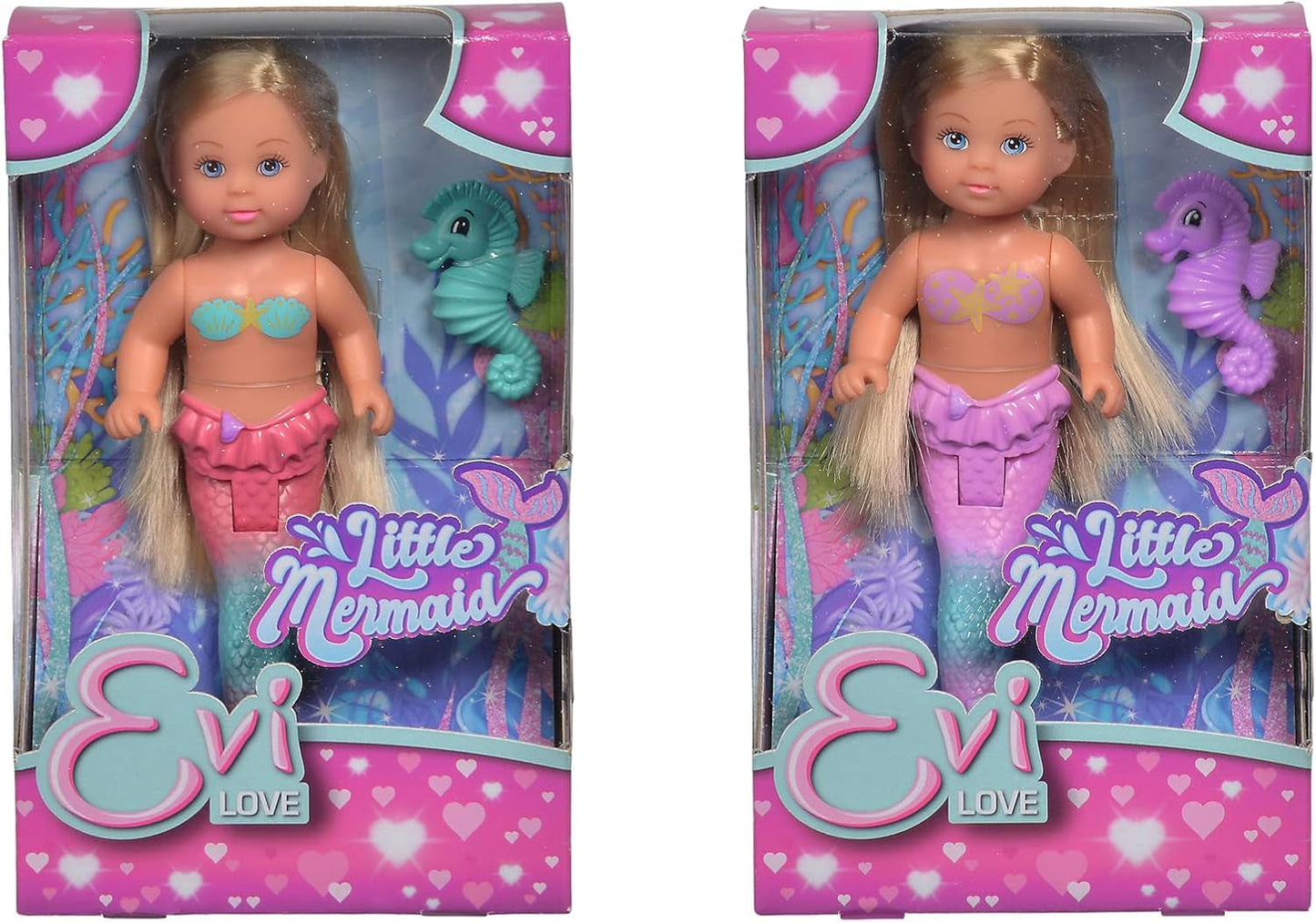 Simba 105733424 - Evi elsker den lille havfrue, assorteret 2 måder, kun EN vare vil blive leveret, Evi som en havfrue, bevægelig halefinne, med søhest, 12 cm modedukke, 3+