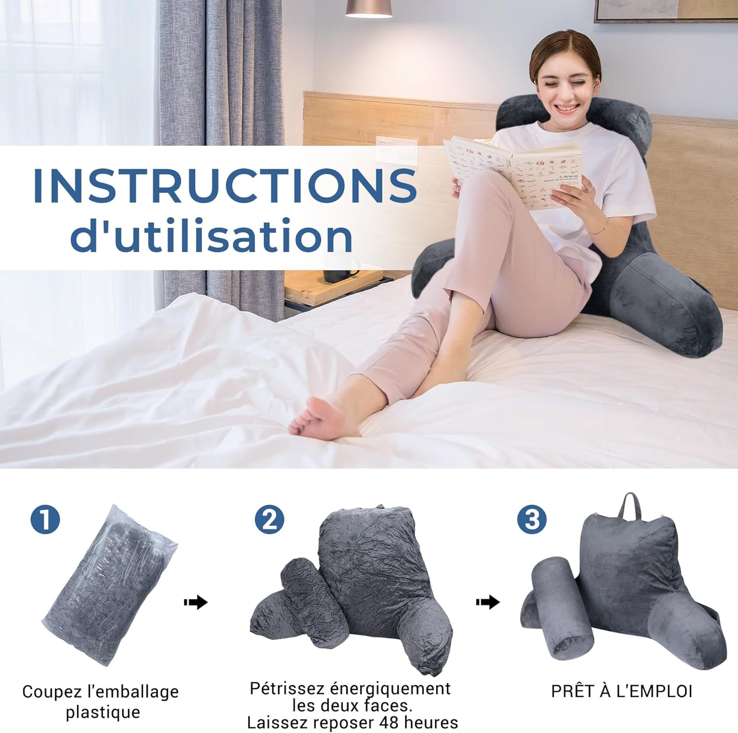 INFANZIA ergonomisk læsepude med armlæn, memory foam rygstøtte, grå, M
