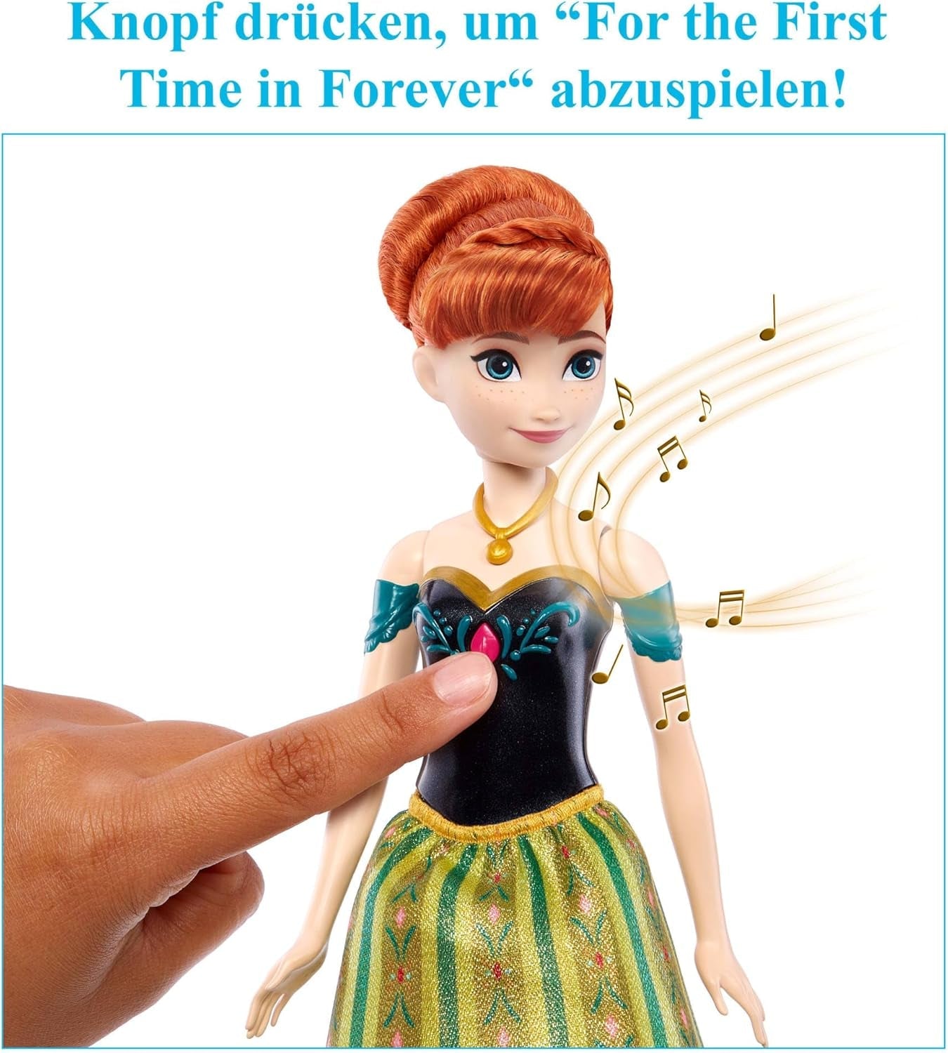 Mattel Toys Disney Frozen Anna syngende modedukke i ikonisk outfit synger "For første gang" fra Disney-filmen på engelsk, fransk, tysk, italiensk, JDL59
