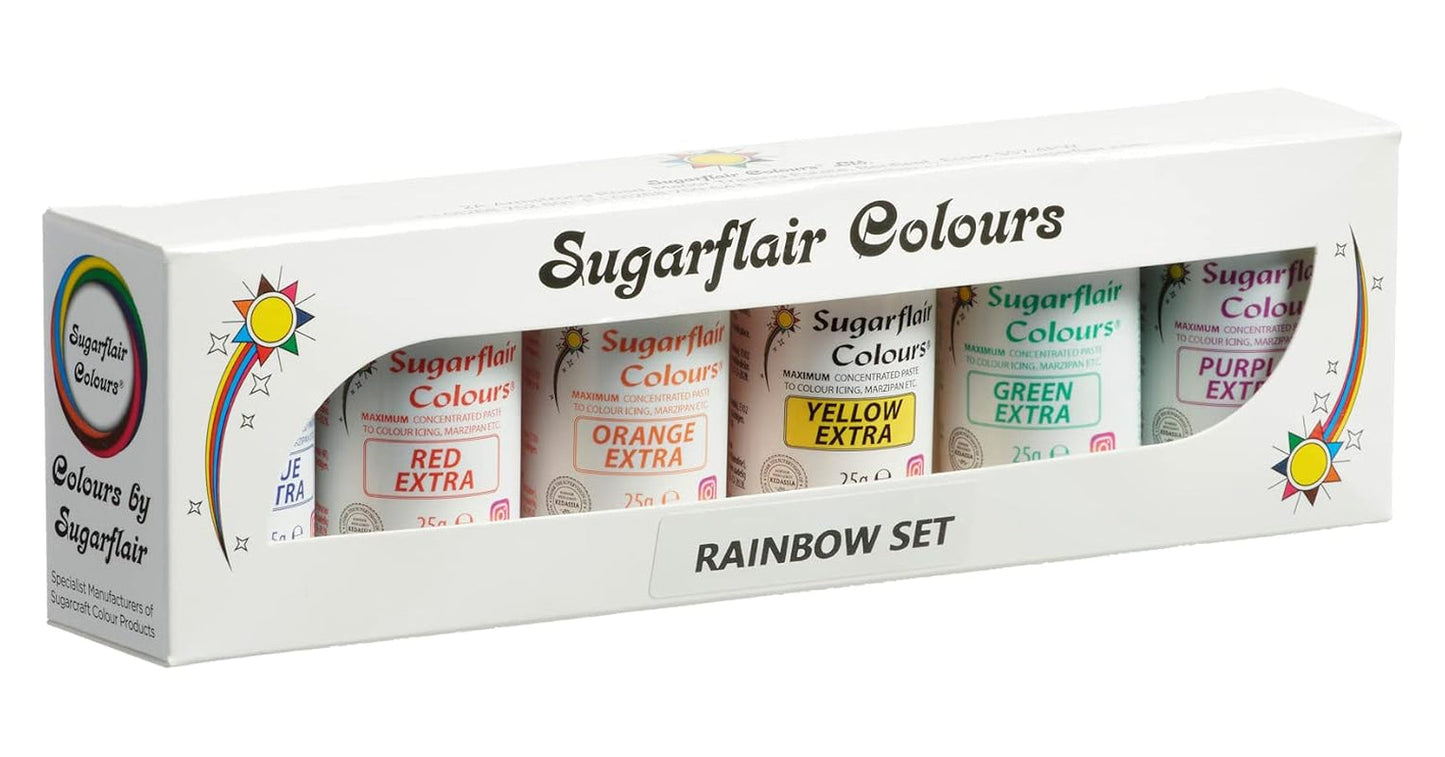 Sugarflair Max Concentrated madfarvesæt/6, madfarvepasta Max Concentrate, EKSTRA blå, rød, orange, gul, grøn, lilla - 6x25g