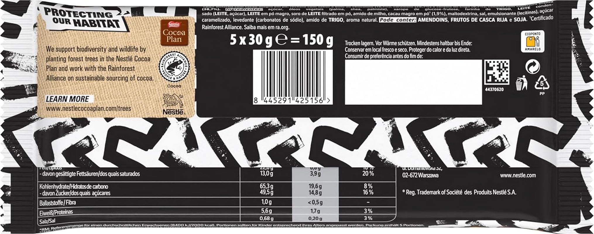 LION Black & White chokoladebar, en snack med en intens smag, sprød chokolade og sprøde chips, browniefyld, en unik læskende oplevelse, 1 pakke (5 x 30g)