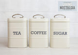 KitchenCraft Living Nostalgia sæt med 3 opbevaringskrukker til te, sukker og kaffe i gaveæske, stål, antik creme, 11 cm x 11 cm x 17 cm, vintage blå madopbevaringsbokse Naty Shop