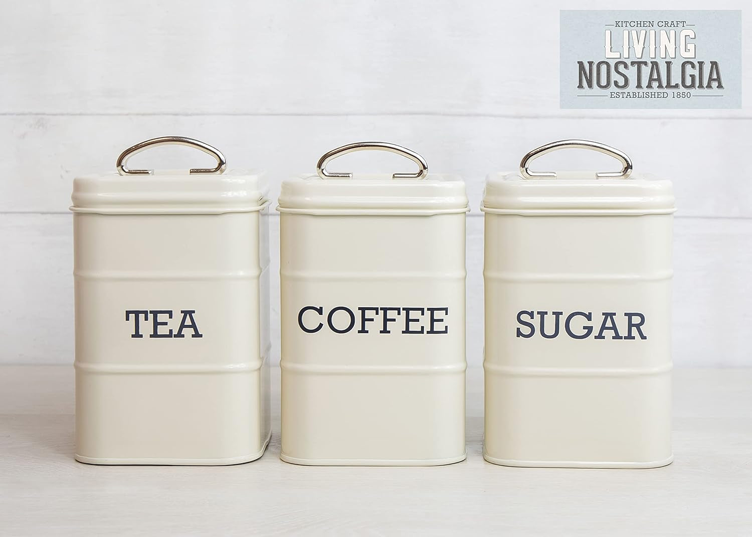 KitchenCraft Living Nostalgia sæt med 3 opbevaringskrukker til te, sukker og kaffe i gaveæske, stål, antik creme, 11 cm x 11 cm x 17 cm, vintage blå madopbevaringsbokse Naty Shop