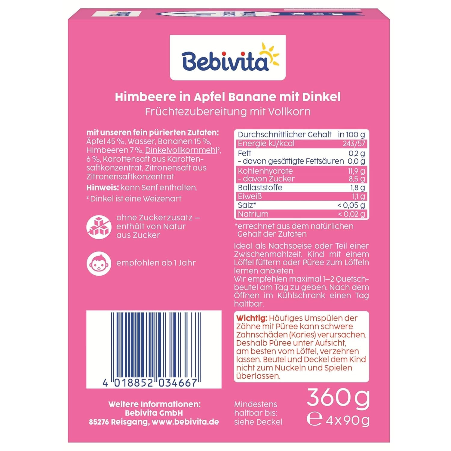 Frugt, hindbær, æble, banan og spelt pressbare poser - 16 stykker (pakke med 4, 4 x 90 g hver), uden tilsat sukker, lavet af blød frugt og sunde korn, ideel til take-away snacks og selvforbrug