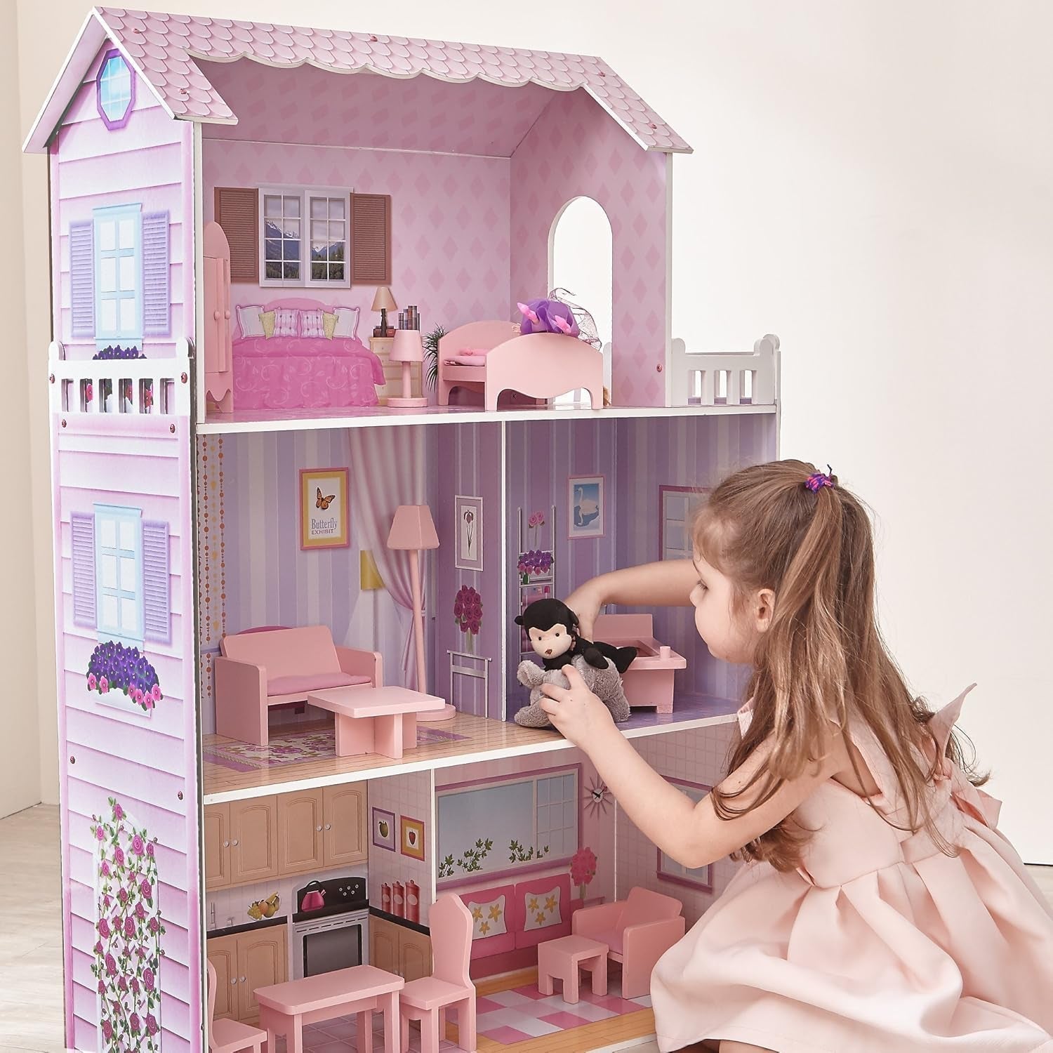 Olivia's Small World Giant Dukkehus, stort trædukkehus med møbler og tilbehør, 3-etagers dukkehus til børn, dukkehus til 12" dukker, 3 år + Naty Shop dukkehuse