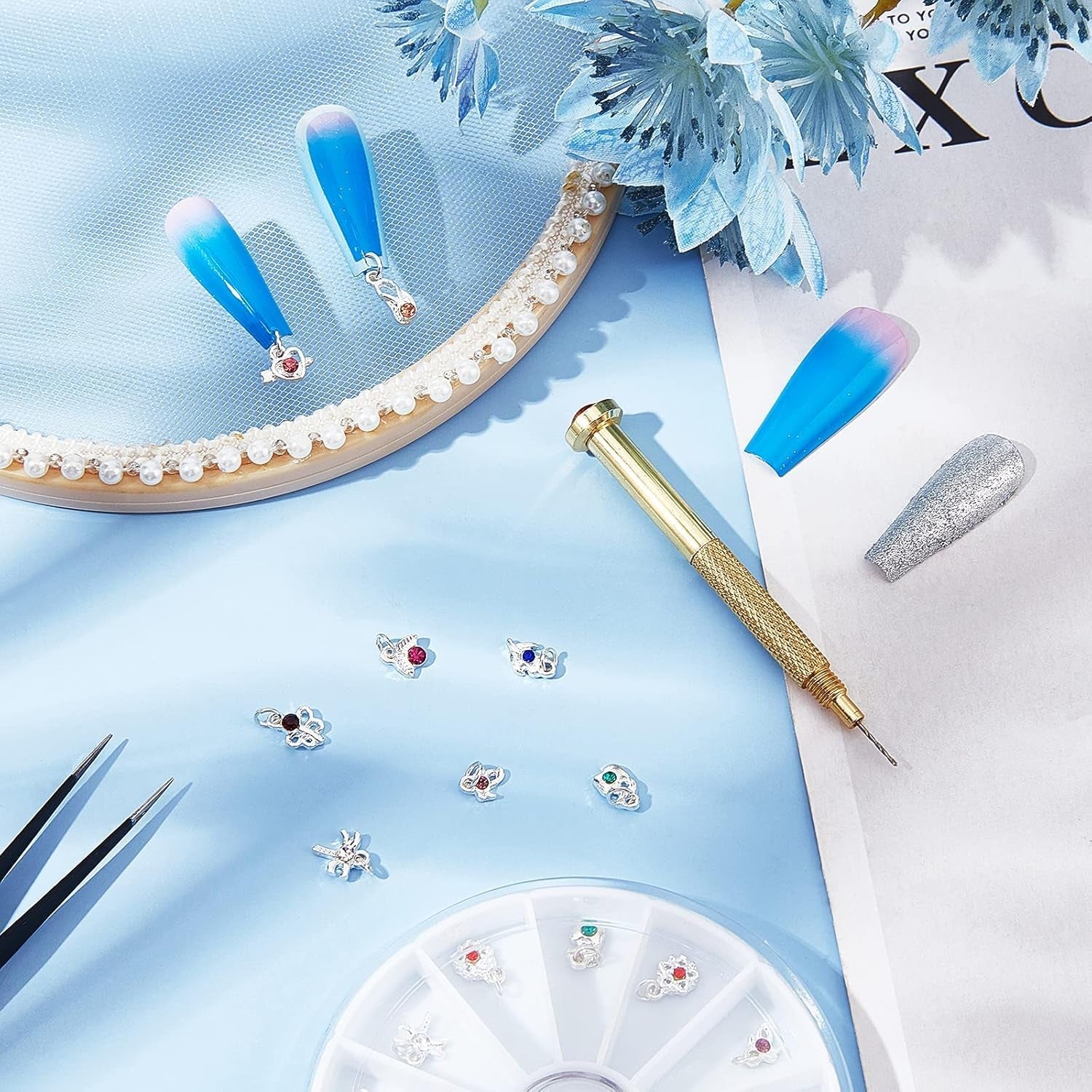 OLYCRAFT 24 stk Nagelschmuck Ringe Dangle Nail Art Zubehör Mit Nagelpiercing Tool Nagelbohrer Manueller Bohrer Aus Legierung Für Tips, Acryl, Gele Und Dekorationen