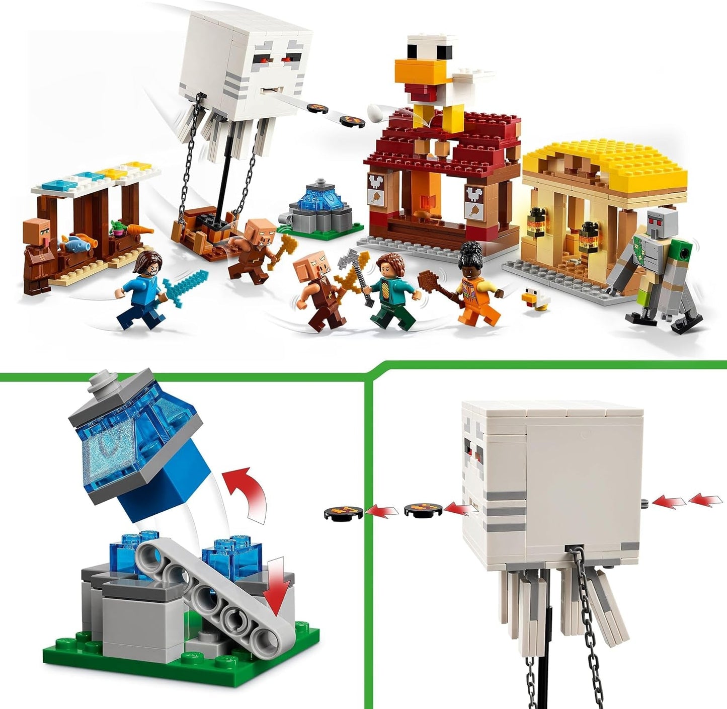 LEGO Minecraft Ghast Balloon Attack - Gamerlegetøj til børn - Videospilbyggesæt med hus, kylling og Golem - Filmvarer til drenge 10+ - 21273 Byggesæt Beuche den LEGO-Store