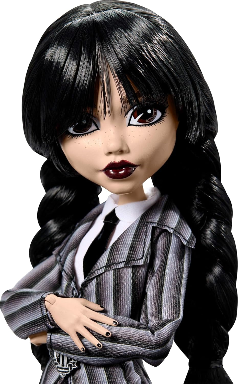 Monster High Wednesday Puppe und Accessoires, Wednesday Addams Sammelfigur in Nevermore Academy Uniform mit Eiskaltem Händchen und Rygsæk, Puppenständer, HXJ04
