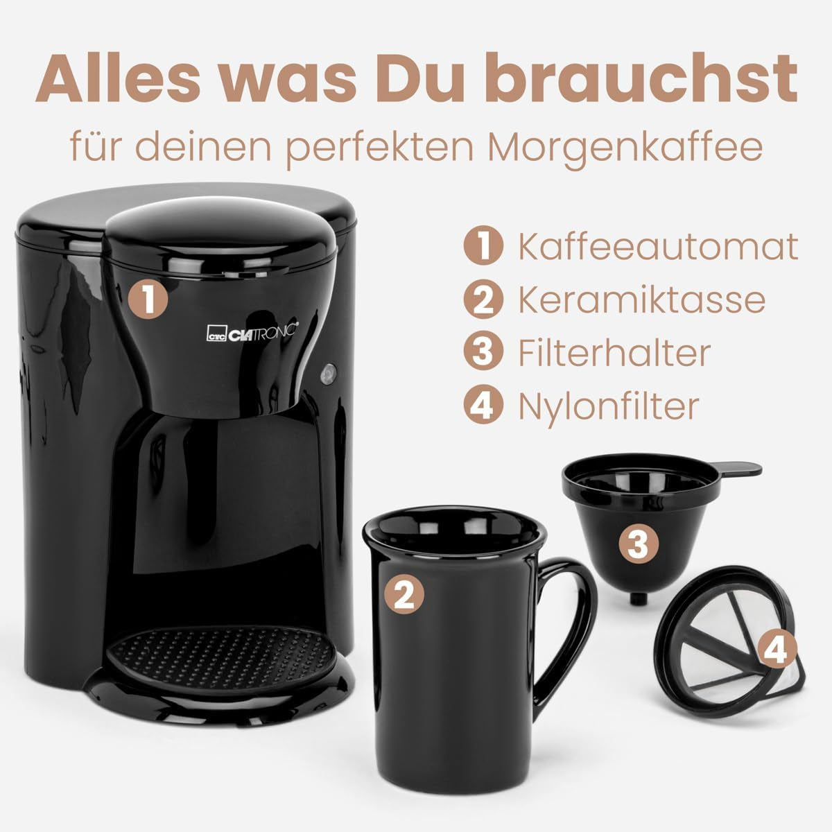 Clatronic® 1-kops kaffemaskine | Perfekt espressomaskine til enlige | Espressomaskine med filter, inklusive keramisk kop | Lille espressomaskine med filter, ideel til rejser | KA 3356