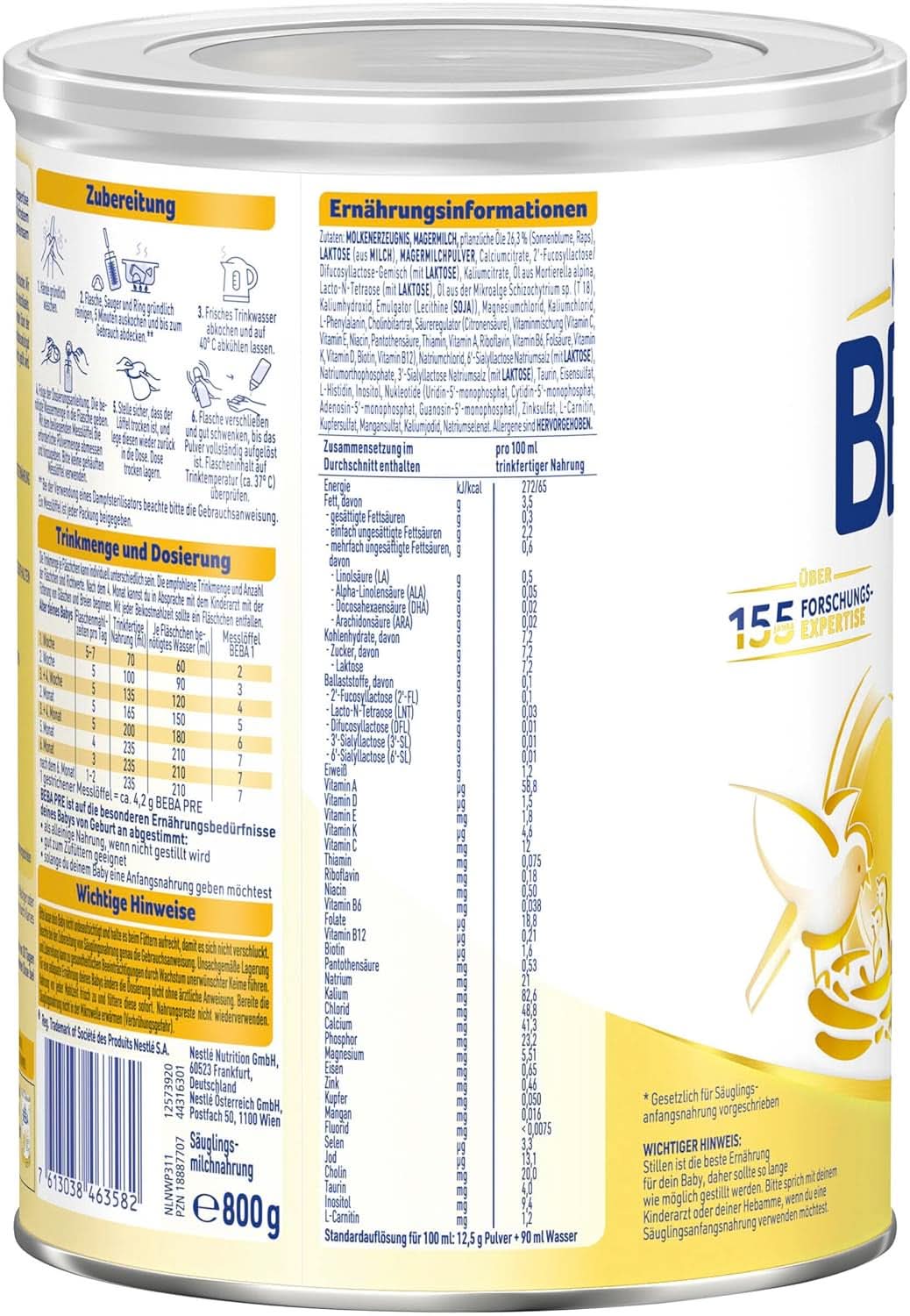BEBA PRE Initial mælk fra fødslen, babymad med DHA, kun laktose, ingen palmeolie, pakke 3 (3 x 800 g) Naty Shop
