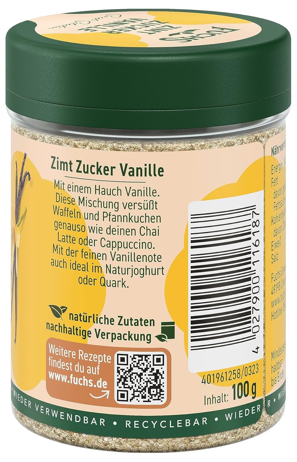 Fuchs Gewürze - Zimt Zucker Vanille - Gewürz zum Versüßen von Wafeln, Milchgetränken eller Joghurt - aus natürliche Ingrediens - 100 g i wiederverwendbarer, genbrugsbarer Dosis